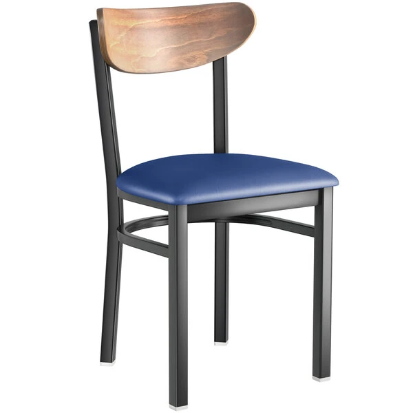 LT&S Boomerang Series Lancaster Table & Seating Boomerang Black Finish Chair With 2 1/2" Navy Vinyl Padded Seat And Vintage Wood Back 4 LT&S Boomerang Series Lancaster Table & Seating Boomerang Black Finish Chair With 2 1/2" Navy Vinyl Padded Seat And Vintage Wood Back - Image 2