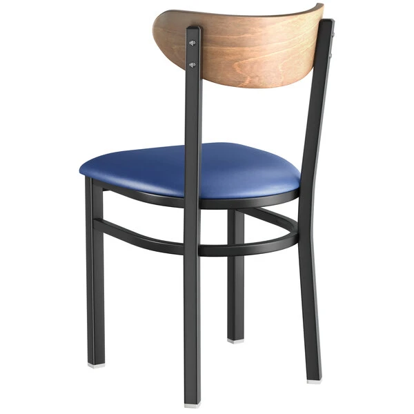 LT&S Boomerang Series Lancaster Table & Seating Boomerang Black Finish Chair With 2 1/2" Navy Vinyl Padded Seat And Vintage Wood Back 5 LT&S Boomerang Series Lancaster Table & Seating Boomerang Black Finish Chair With 2 1/2" Navy Vinyl Padded Seat And Vintage Wood Back - Image 3