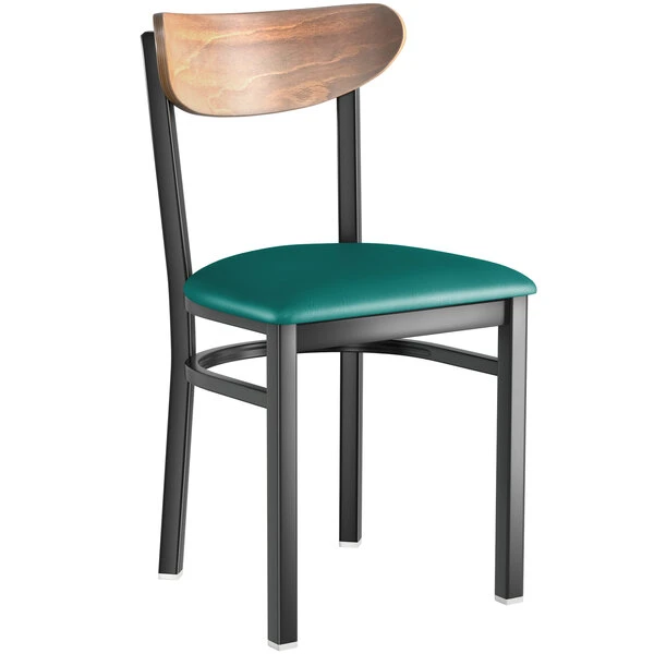 LT&S Boomerang Series Lancaster Table & Seating Boomerang Black Finish Chair With 2 1/2" Green Vinyl Padded Seat And Vintage Wood Back 4 LT&S Boomerang Series Lancaster Table & Seating Boomerang Black Finish Chair With 2 1/2" Green Vinyl Padded Seat And Vintage Wood Back - Image 2