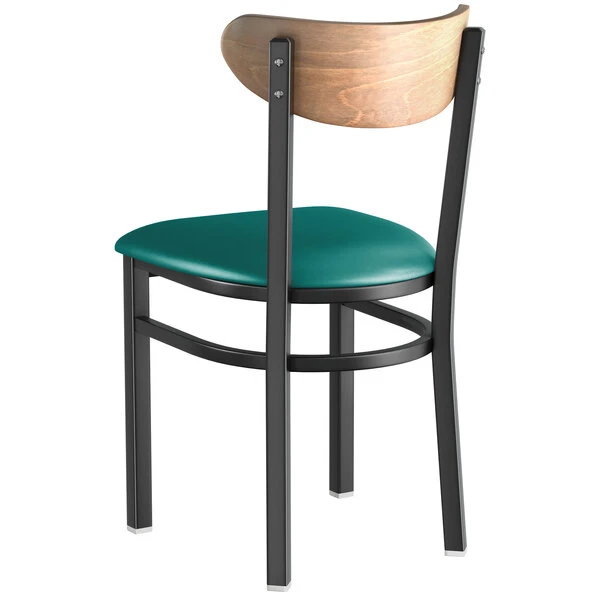 LT&S Boomerang Series Lancaster Table & Seating Boomerang Black Finish Chair With 2 1/2" Green Vinyl Padded Seat And Vintage Wood Back 5 LT&S Boomerang Series Lancaster Table & Seating Boomerang Black Finish Chair With 2 1/2" Green Vinyl Padded Seat And Vintage Wood Back - Image 3
