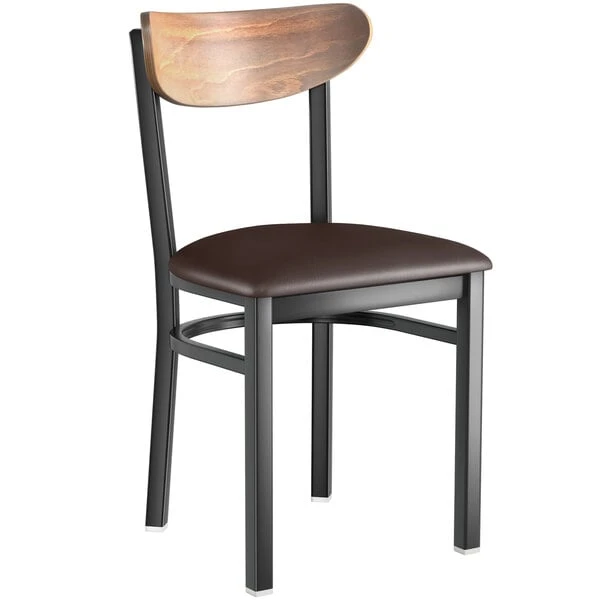 LT&S Boomerang Series Lancaster Table & Seating Boomerang Black Finish Chair With 2 1/2" Dark Brown Vinyl Padded Seat And Vintage Wood Back 4 LT&S Boomerang Series Lancaster Table & Seating Boomerang Black Finish Chair With 2 1/2" Dark Brown Vinyl Padded Seat And Vintage Wood Back - Image 2