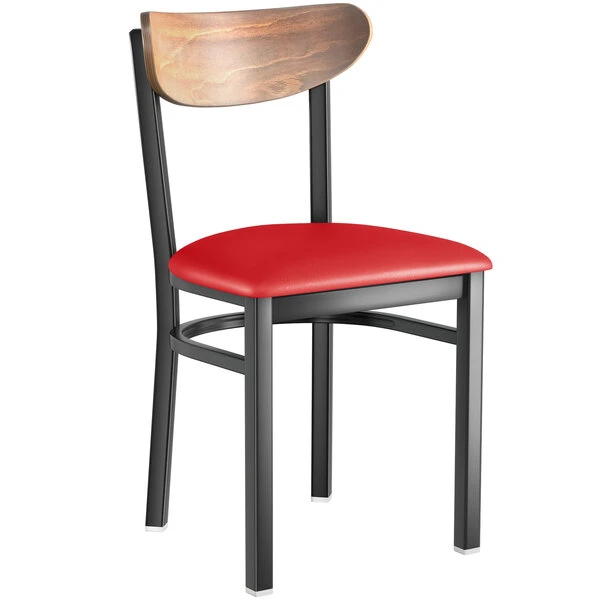 LT&S Boomerang Series Lancaster Table & Seating Boomerang Black Finish Chair With 2 1/2" Red Vinyl Padded Seat And Vintage Wood Back 4 LT&S Boomerang Series Lancaster Table & Seating Boomerang Black Finish Chair With 2 1/2" Red Vinyl Padded Seat And Vintage Wood Back - Image 2