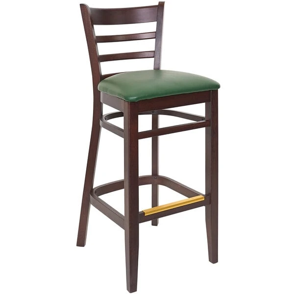 BFM Seating Berkeley Dark Walnut Beechwood Ladder Back Barstool With 2" Green Vinyl Seat 3 BFM Seating Berkeley Dark Walnut Beechwood Ladder Back Barstool With 2" Green Vinyl Seat