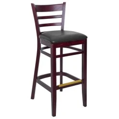 BFM Seating Berkeley Dark Mahogany Beechwood Ladder Back Barstool With 2" Black Vinyl Seat