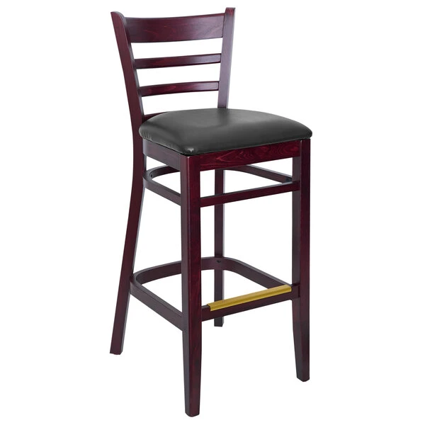 BFM Seating Berkeley Dark Mahogany Beechwood Ladder Back Barstool With 2" Black Vinyl Seat 3 BFM Seating Berkeley Dark Mahogany Beechwood Ladder Back Barstool With 2" Black Vinyl Seat