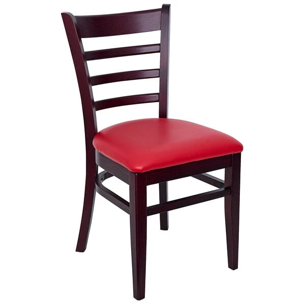 BFM Seating Berkeley Dark Mahogany Beechwood Ladder Back Side Chair With 2" Red Vinyl Seat 3 BFM Seating Berkeley Dark Mahogany Beechwood Ladder Back Side Chair With 2" Red Vinyl Seat