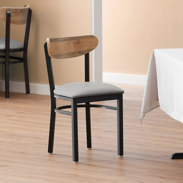 LT&S Boomerang Series Lancaster Table & Seating Boomerang Black Finish Chair With 2 1/2" Light Gray Vinyl Padded Seat And Driftwood Back 3 LT&S Boomerang Series Lancaster Table & Seating Boomerang Black Finish Chair With 2 1/2" Light Gray Vinyl Padded Seat And Driftwood Back