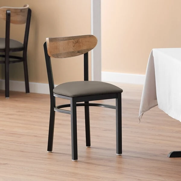 LT&S Boomerang Series Lancaster Table & Seating Boomerang Black Finish Chair With 2 1/2" Taupe Vinyl Padded Seat And Driftwood Back 3 LT&S Boomerang Series Lancaster Table & Seating Boomerang Black Finish Chair With 2 1/2" Taupe Vinyl Padded Seat And Driftwood Back