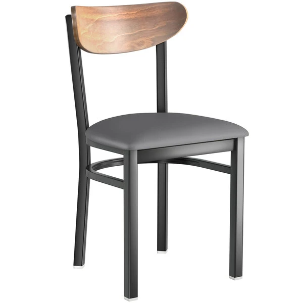 LT&S Boomerang Series Lancaster Table & Seating Boomerang Black Finish Chair With 2 1/2" Dark Gray Vinyl Padded Seat And Vintage Wood Back 4 LT&S Boomerang Series Lancaster Table & Seating Boomerang Black Finish Chair With 2 1/2" Dark Gray Vinyl Padded Seat And Vintage Wood Back - Image 2