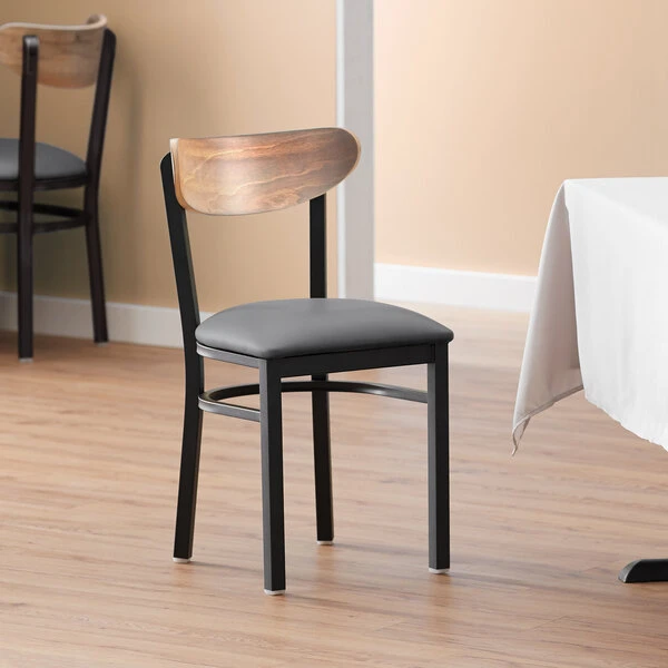 LT&S Boomerang Series Lancaster Table & Seating Boomerang Black Finish Chair With 2 1/2" Dark Gray Vinyl Padded Seat And Vintage Wood Back 3 LT&S Boomerang Series Lancaster Table & Seating Boomerang Black Finish Chair With 2 1/2" Dark Gray Vinyl Padded Seat And Vintage Wood Back
