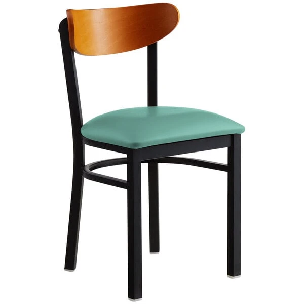 LT&S Boomerang Series Lancaster Table & Seating Boomerang Black Finish Chair With 2 1/2" Seafoam Vinyl Padded Seat And Cherry Wood Back 4 LT&S Boomerang Series Lancaster Table & Seating Boomerang Black Finish Chair With 2 1/2" Seafoam Vinyl Padded Seat And Cherry Wood Back - Image 2