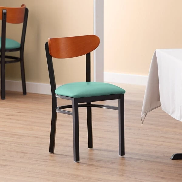 LT&S Boomerang Series Lancaster Table & Seating Boomerang Black Finish Chair With 2 1/2" Seafoam Vinyl Padded Seat And Cherry Wood Back 3 LT&S Boomerang Series Lancaster Table & Seating Boomerang Black Finish Chair With 2 1/2" Seafoam Vinyl Padded Seat And Cherry Wood Back