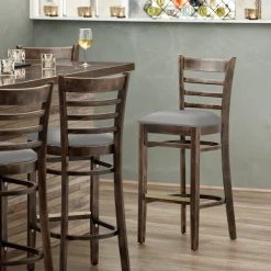 Lancaster Table & Seating Vintage Finish Wooden Ladder Back Bar Height Chair With Light Gray Padded Seat