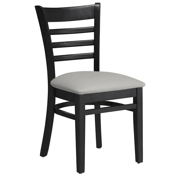 Lancaster Table & Seating Black Finish Wooden Ladder Back Chair With Light Gray Padded Seat 4 Lancaster Table & Seating Black Finish Wooden Ladder Back Chair With Light Gray Padded Seat - Image 2