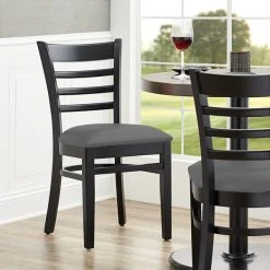 Lancaster Table & Seating Black Finish Wooden Ladder Back Chair With Dark Gray Padded Seat