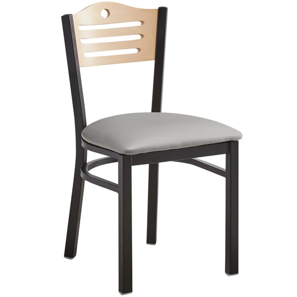 Lancaster Table & Seating Natural Finish Bistro Dining Chair With 2 1/2" Light Gray Vinyl Padded Seat 4 Lancaster Table & Seating Natural Finish Bistro Dining Chair With 2 1/2" Light Gray Vinyl Padded Seat - Image 2