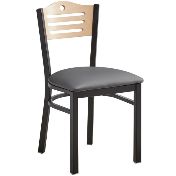 Lancaster Table & Seating Natural Finish Bistro Dining Chair With 2 1/2" Dark Gray Vinyl Padded Seat - Detached Seat 4 Lancaster Table & Seating Natural Finish Bistro Dining Chair With 2 1/2" Dark Gray Vinyl Padded Seat - Detached Seat - Image 2