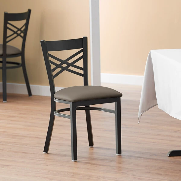 Lancaster Table & Seating Black Finish Cross Back Chair With 2 1/2" Taupe Vinyl Padded Seat 3 Lancaster Table & Seating Black Finish Cross Back Chair With 2 1/2" Taupe Vinyl Padded Seat