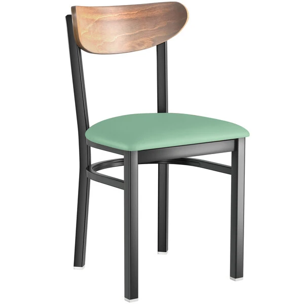 LT&S Boomerang Series Lancaster Table & Seating Boomerang Black Finish Chair With 2 1/2" Seafoam Vinyl Padded Seat And Vintage Wood Back 4 LT&S Boomerang Series Lancaster Table & Seating Boomerang Black Finish Chair With 2 1/2" Seafoam Vinyl Padded Seat And Vintage Wood Back - Image 2