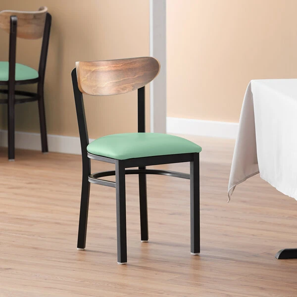 LT&S Boomerang Series Lancaster Table & Seating Boomerang Black Finish Chair With 2 1/2" Seafoam Vinyl Padded Seat And Vintage Wood Back 3 LT&S Boomerang Series Lancaster Table & Seating Boomerang Black Finish Chair With 2 1/2" Seafoam Vinyl Padded Seat And Vintage Wood Back
