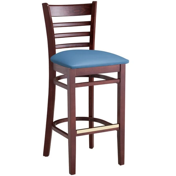 Lancaster Table & Seating Mahogany Finish Wooden Ladder Back Bar Height Chair With Blue Padded Seat 4 Lancaster Table & Seating Mahogany Finish Wooden Ladder Back Bar Height Chair With Blue Padded Seat - Image 2