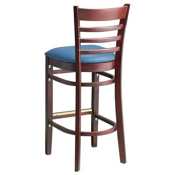 Lancaster Table & Seating Mahogany Finish Wooden Ladder Back Bar Height Chair With Blue Padded Seat 5 Lancaster Table & Seating Mahogany Finish Wooden Ladder Back Bar Height Chair With Blue Padded Seat - Image 3