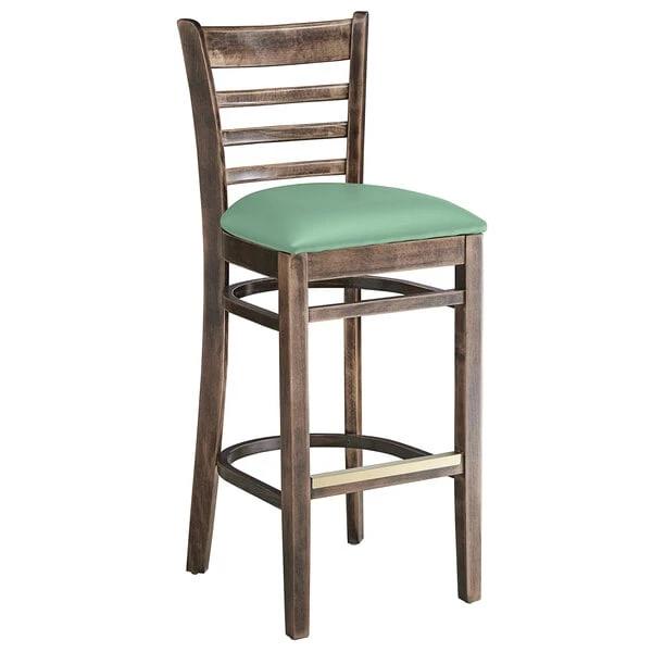 Lancaster Table & Seating Vintage Finish Wooden Ladder Back Bar Height Chair With Seafoam Padded Seat 4 Lancaster Table & Seating Vintage Finish Wooden Ladder Back Bar Height Chair With Seafoam Padded Seat - Image 2