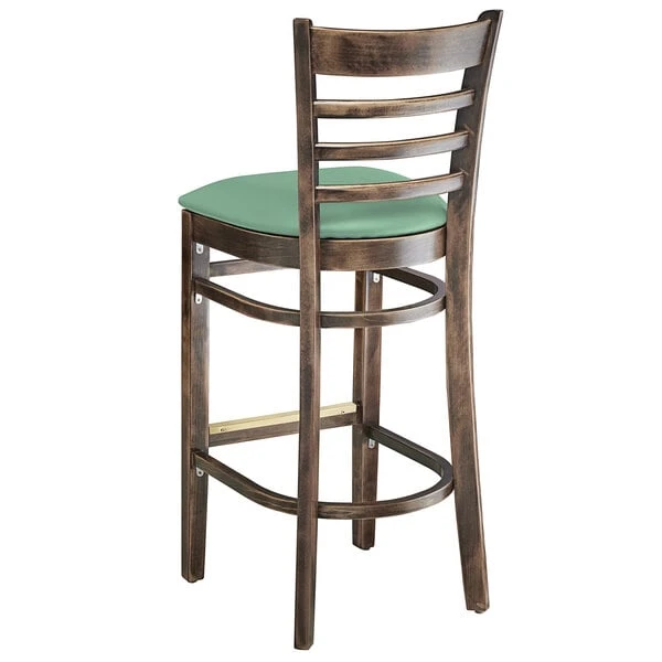 Lancaster Table & Seating Vintage Finish Wooden Ladder Back Bar Height Chair With Seafoam Padded Seat 5 Lancaster Table & Seating Vintage Finish Wooden Ladder Back Bar Height Chair With Seafoam Padded Seat - Image 3