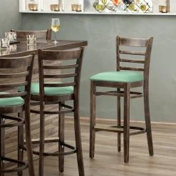 Lancaster Table & Seating Vintage Finish Wooden Ladder Back Bar Height Chair With Seafoam Padded Seat