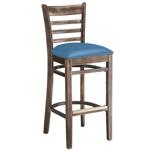 Lancaster Table & Seating Vintage Finish Wooden Ladder Back Bar Height Chair With Blue Padded Seat 4 Lancaster Table & Seating Vintage Finish Wooden Ladder Back Bar Height Chair With Blue Padded Seat - Image 2