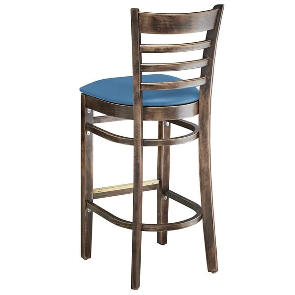 Lancaster Table & Seating Vintage Finish Wooden Ladder Back Bar Height Chair With Blue Padded Seat 5 Lancaster Table & Seating Vintage Finish Wooden Ladder Back Bar Height Chair With Blue Padded Seat - Image 3