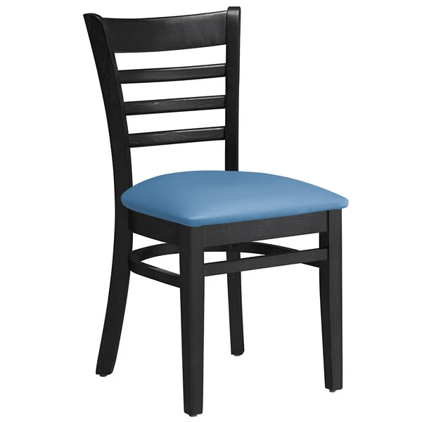 Lancaster Table & Seating Black Finish Wooden Ladder Back Chair With Blue Padded Seat 4 Lancaster Table & Seating Black Finish Wooden Ladder Back Chair With Blue Padded Seat - Image 2