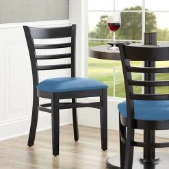 Lancaster Table & Seating Black Finish Wooden Ladder Back Chair With Blue Padded Seat