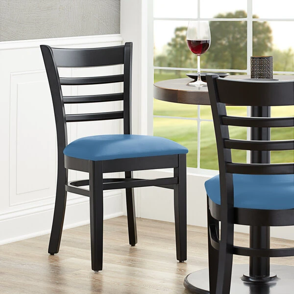 Lancaster Table & Seating Black Finish Wooden Ladder Back Chair With Blue Padded Seat 3 Lancaster Table & Seating Black Finish Wooden Ladder Back Chair With Blue Padded Seat