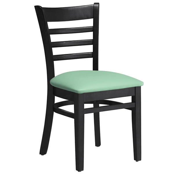 Lancaster Table & Seating Black Finish Wooden Ladder Back Chair With Seafoam Padded Seat 4 Lancaster Table & Seating Black Finish Wooden Ladder Back Chair With Seafoam Padded Seat - Image 2