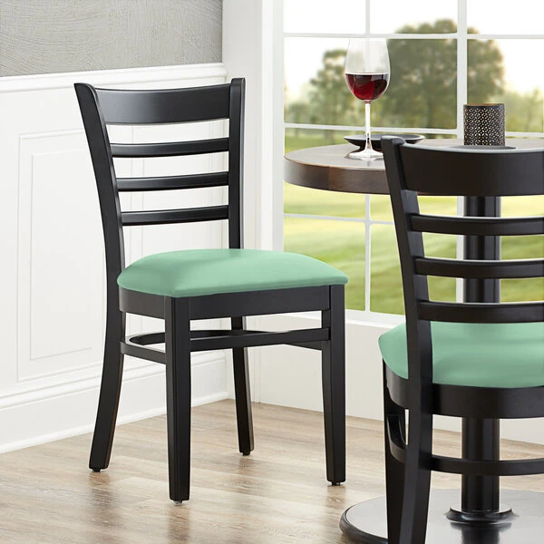 Lancaster Table & Seating Black Finish Wooden Ladder Back Chair With Seafoam Padded Seat 3 Lancaster Table & Seating Black Finish Wooden Ladder Back Chair With Seafoam Padded Seat