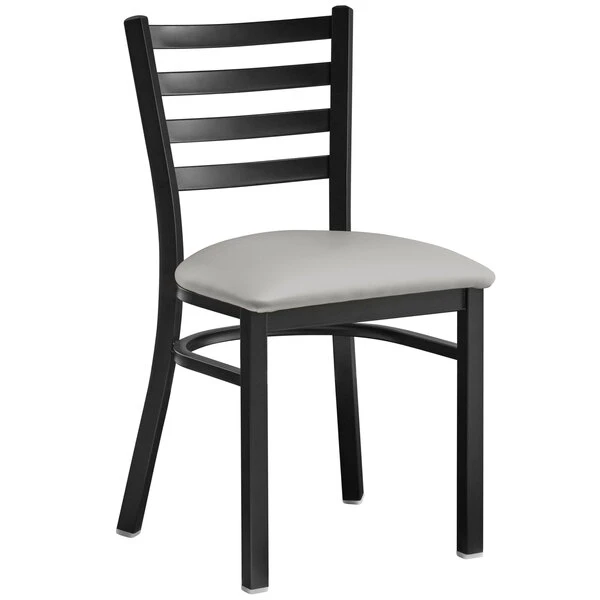 Lancaster Table & Seating Black Finish Ladder Back Chair With 2 1/2" Light Gray Vinyl Padded Seat 4 Lancaster Table & Seating Black Finish Ladder Back Chair With 2 1/2" Light Gray Vinyl Padded Seat - Image 2