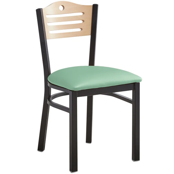 Lancaster Table & Seating Natural Finish Bistro Dining Chair With 2 1/2" Seafoam Vinyl Padded Seat 4 Lancaster Table & Seating Natural Finish Bistro Dining Chair With 2 1/2" Seafoam Vinyl Padded Seat - Image 2