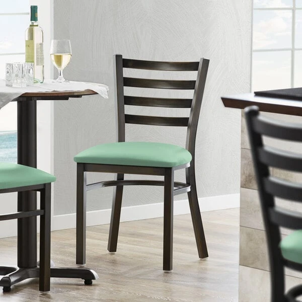 Lancaster Table & Seating Distressed Copper Finish Ladder Back Chair With 2 1/2" Seafoam Vinyl Padded Seat 3 Lancaster Table & Seating Distressed Copper Finish Ladder Back Chair With 2 1/2" Seafoam Vinyl Padded Seat