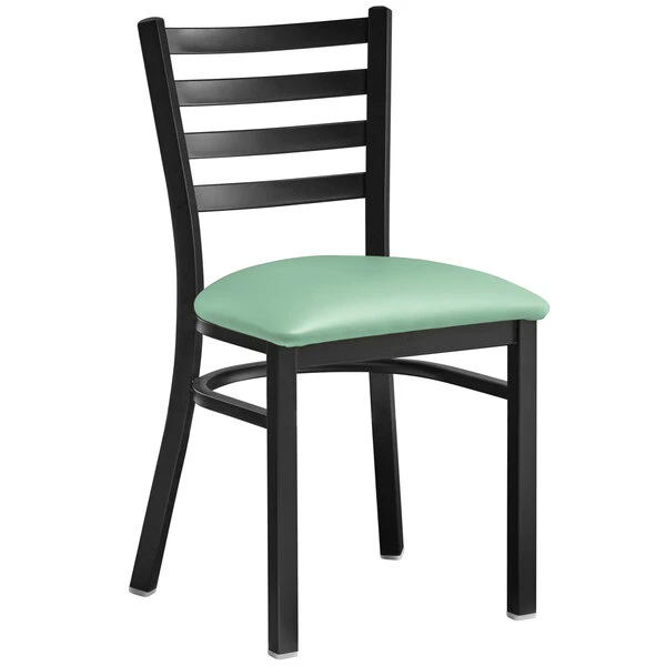 Lancaster Table & Seating Black Finish Ladder Back Chair With 2 1/2" Seafoam Vinyl Padded Seat 4 Lancaster Table & Seating Black Finish Ladder Back Chair With 2 1/2" Seafoam Vinyl Padded Seat - Image 2