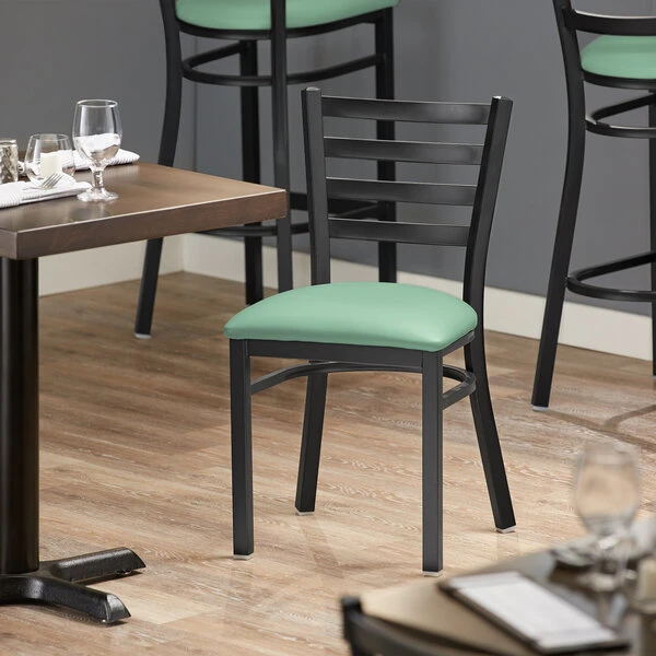Lancaster Table & Seating Black Finish Ladder Back Chair With 2 1/2" Seafoam Vinyl Padded Seat 3 Lancaster Table & Seating Black Finish Ladder Back Chair With 2 1/2" Seafoam Vinyl Padded Seat
