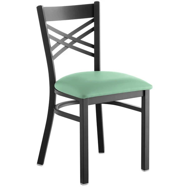 Lancaster Table & Seating Black Finish Cross Back Chair With 2 1/2" Seafoam Vinyl Padded Seat 4 Lancaster Table & Seating Black Finish Cross Back Chair With 2 1/2" Seafoam Vinyl Padded Seat - Image 2