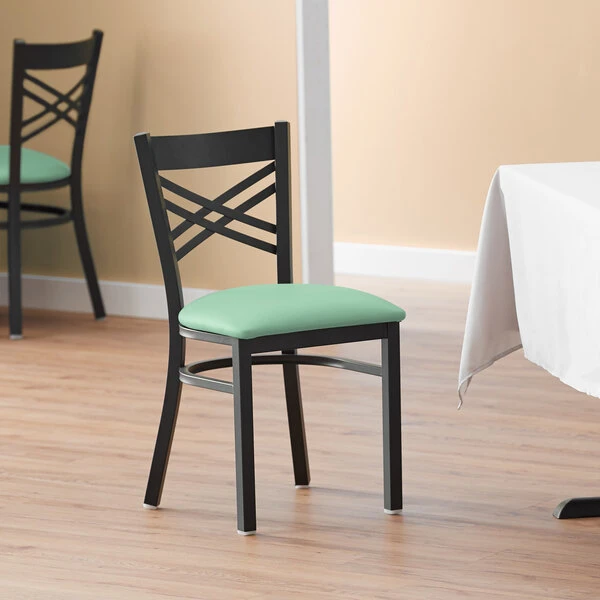 Lancaster Table & Seating Black Finish Cross Back Chair With 2 1/2" Seafoam Vinyl Padded Seat 3 Lancaster Table & Seating Black Finish Cross Back Chair With 2 1/2" Seafoam Vinyl Padded Seat