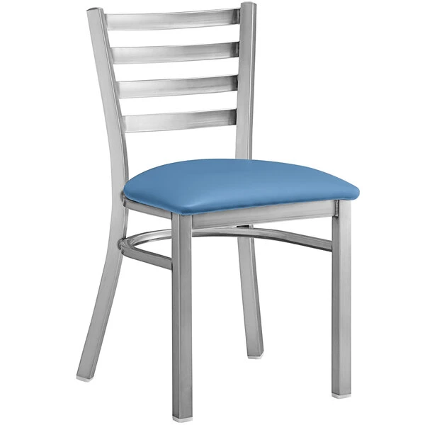Lancaster Table & Seating Clear Coat Finish Ladder Back Chair With 2 1/2" Blue Vinyl Padded Seat 4 Lancaster Table & Seating Clear Coat Finish Ladder Back Chair With 2 1/2" Blue Vinyl Padded Seat - Image 2