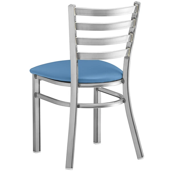 Lancaster Table & Seating Clear Coat Finish Ladder Back Chair With 2 1/2" Blue Vinyl Padded Seat 5 Lancaster Table & Seating Clear Coat Finish Ladder Back Chair With 2 1/2" Blue Vinyl Padded Seat - Image 3