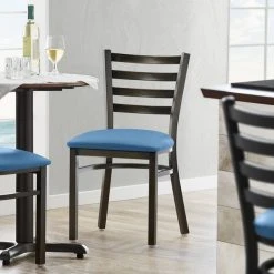 Lancaster Table & Seating Distressed Copper Finish Ladder Back Chair With 2 1/2" Blue Vinyl Padded Seat