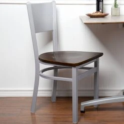 BFM Seating Axel Silver Mist Steel Side Chair With Walnut Wood Seat