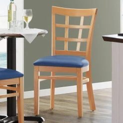 Lancaster Table & Seating Natural Wooden Window Back Chair With 2 1/2" Navy Padded Seat