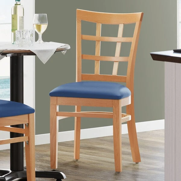 Lancaster Table & Seating Natural Wooden Window Back Chair With 2 1/2" Navy Padded Seat 3 Lancaster Table & Seating Natural Wooden Window Back Chair With 2 1/2" Navy Padded Seat