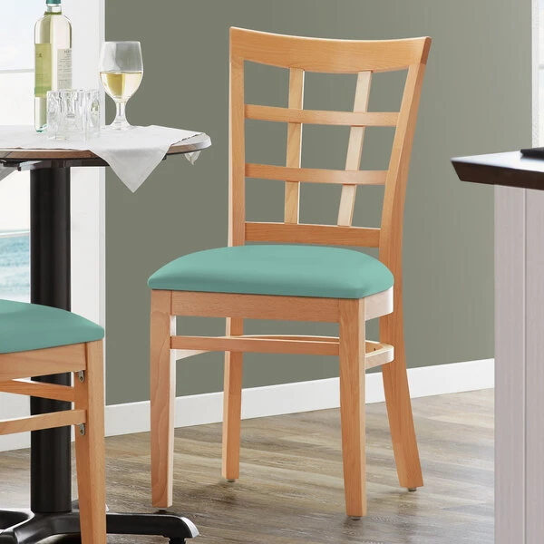 Lancaster Table & Seating Natural Finish Wooden Window Back Chair With Seafoam Padded Seat 3 Lancaster Table & Seating Natural Finish Wooden Window Back Chair With Seafoam Padded Seat